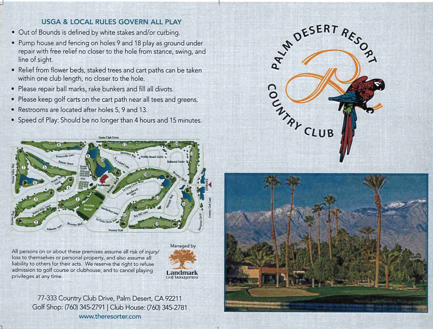 A brochure with palm desert resort country club logo.